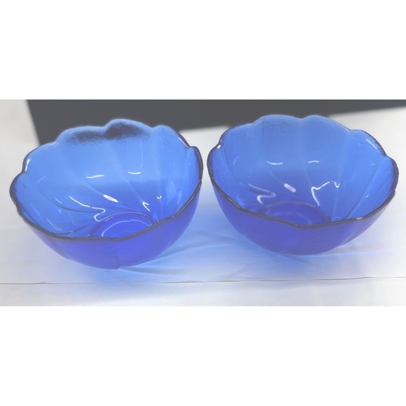 Other - Lot of 2 Arcoroc France Cobalt Blue Glass Bowls Swirl Pattern with Scalloped Rim